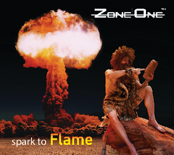 Spark to Flame album cover with caveman taping on stone tablet and mushroom cloud in the background.